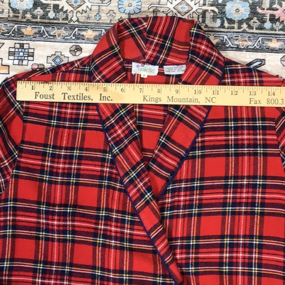 Vintage Red Plaid Tartan Blue Piping Self Tie Belt Front Pocket Flannel Maxi - Picture 9 of 15